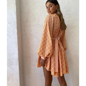 Women's Roiii Peach Orange Pattern Long Sleeve Mini Dress size S
